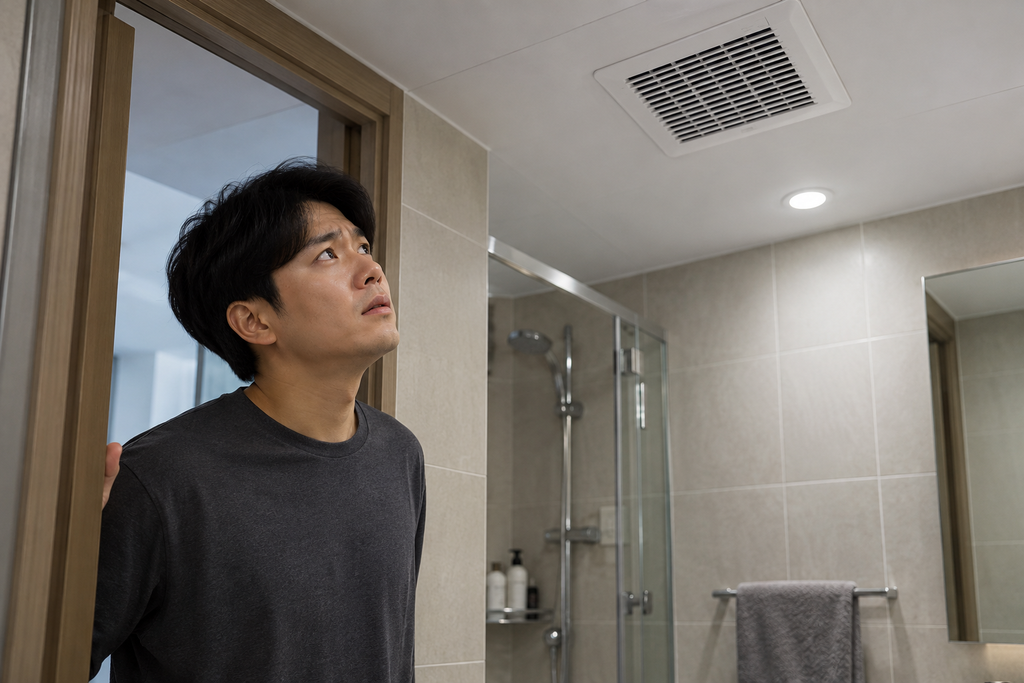 욕실 환풍기에서 담배 냄새가 들어올 때: 역풍 확인과 댐퍼 설치 전 점검 1 욕실 입구에서 천장 환풍기 주변을 살펴보는 사람