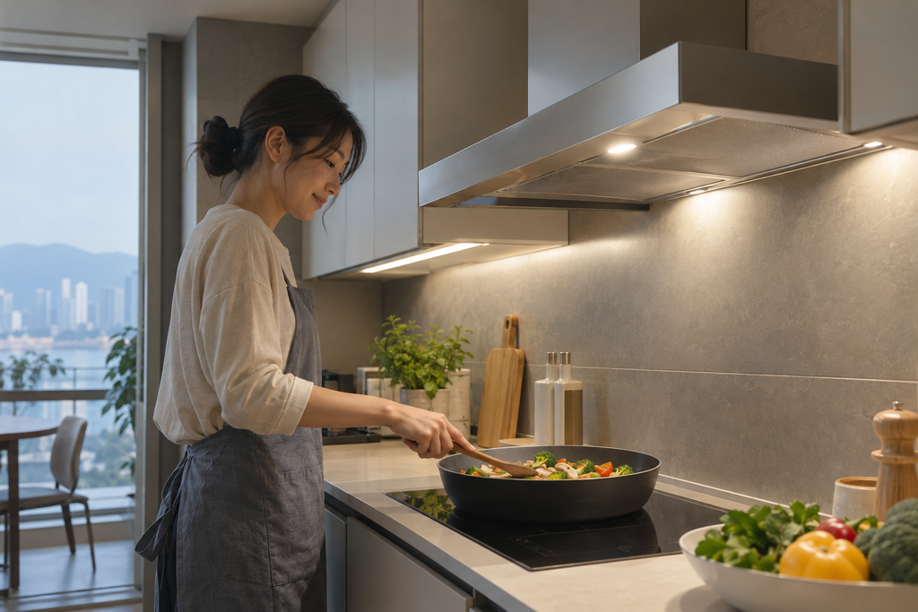 아파트 환기 언제 해야 할까? 미세먼지·요리·냉난방·장마철 선택 가이드 2 주방 후드 아래에서 채소를 조리하는 사람