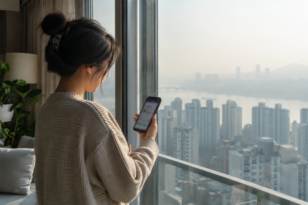 아파트 환기 언제 해야 할까? 미세먼지·요리·냉난방·장마철 선택 가이드 1 닫힌 아파트 창문 옆에서 스마트폰으로 대기정보를 확인하는 사람