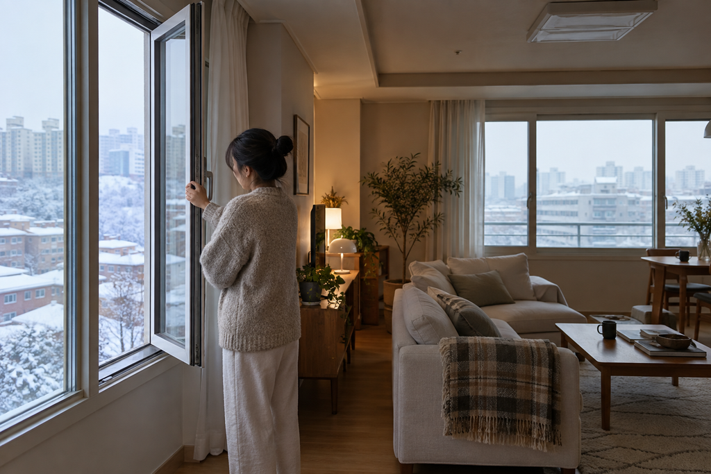 아파트 환기 언제 해야 할까? 미세먼지·요리·냉난방·장마철 선택 가이드 3 겨울철 아파트 거실에서 창문을 여는 사람
