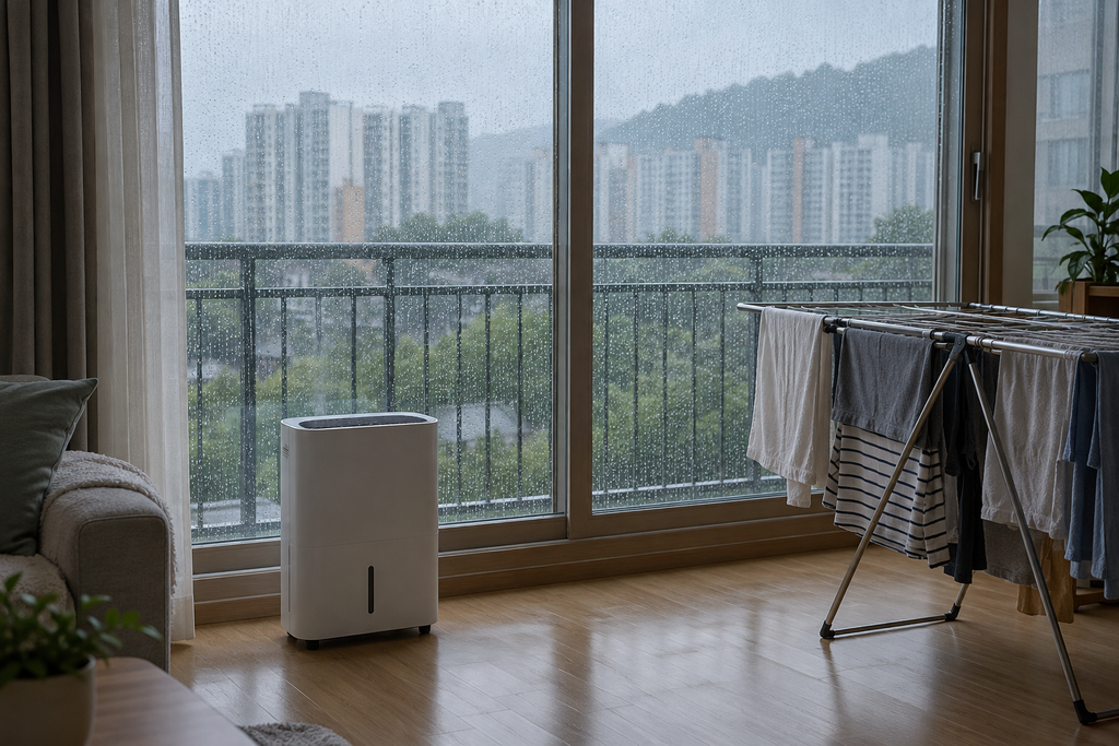 아파트 환기 언제 해야 할까? 미세먼지·요리·냉난방·장마철 선택 가이드 4 비 오는 날 닫힌 창문과 실내 빨래 건조대 옆에 놓인 제습기