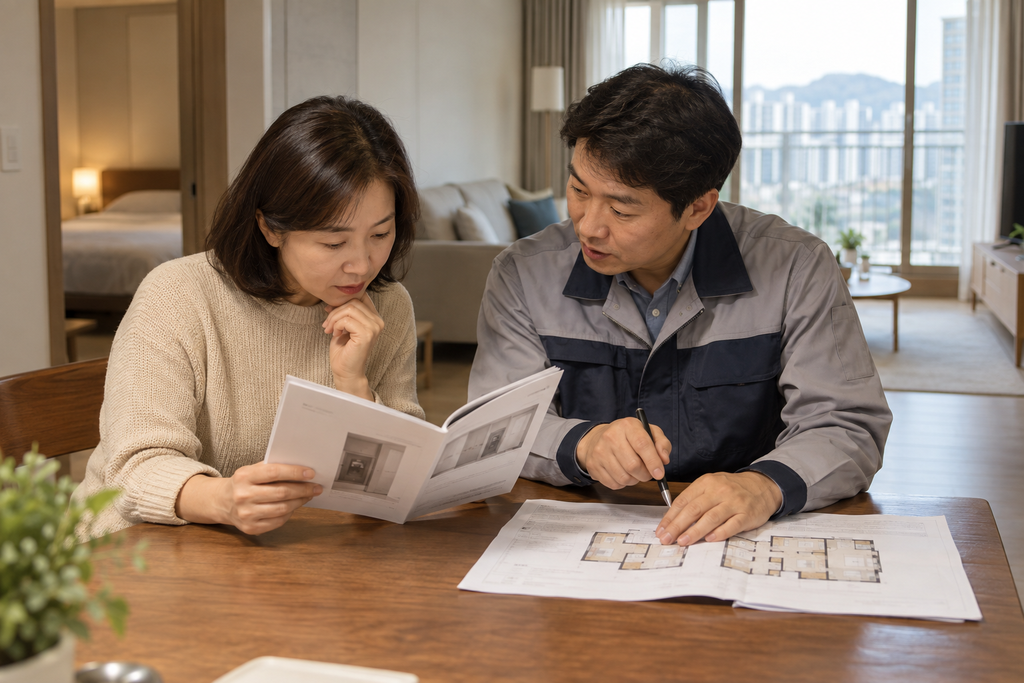 욕실 환풍기와 전열교환기 차이: 서로 대신할 수 있을까? 4 거주자와 점검 담당자가 사용설명서와 주택 도면을 확인하는 모습