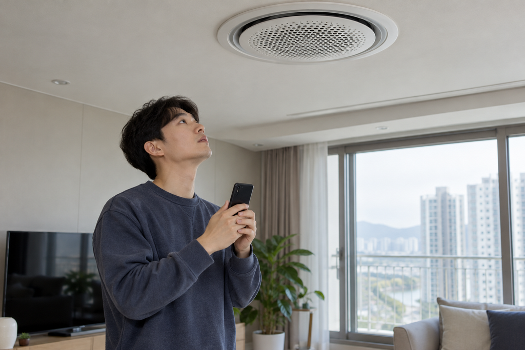 아파트 거실에서 천장 환기구 소리를 듣고 휴대전화로 기록하는 모습