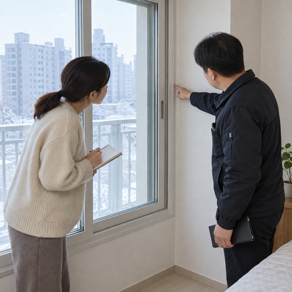 아파트 거주자와 점검 담당자가 창호 주변의 닫힘 상태와 벽 연결부를 살펴보는 모습