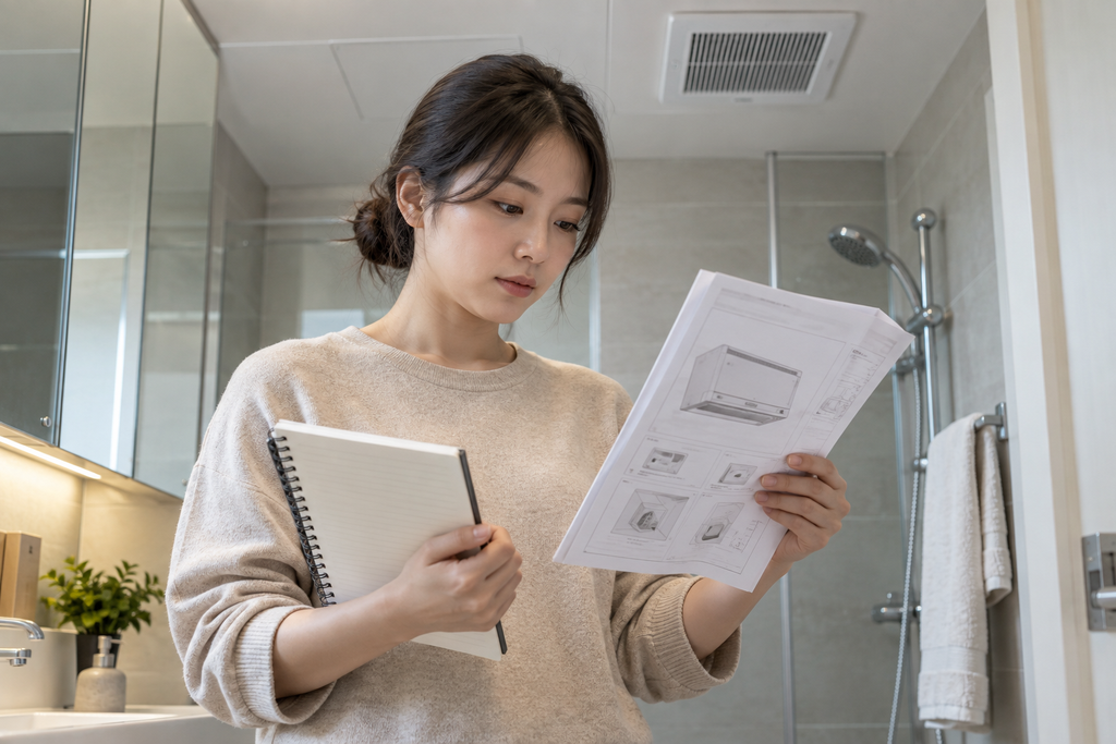 욕실 환풍기 설명서와 증상 기록을 확인하는 사람