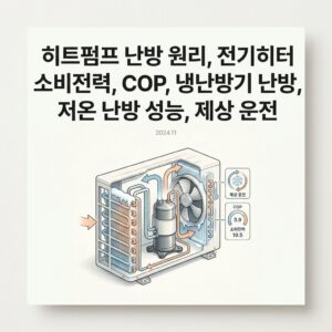 ai thumbnail minimal 히트펌프 난방 원리 전기히터 소비전력 COP 냉난방기 난방 저온 난방 성능 제상 운전 1791561387