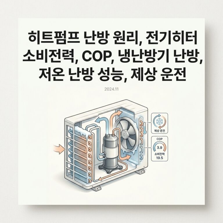 ai thumbnail minimal 히트펌프 난방 원리 전기히터 소비전력 COP 냉난방기 난방 저온 난방 성능 제상 운전 1791561387