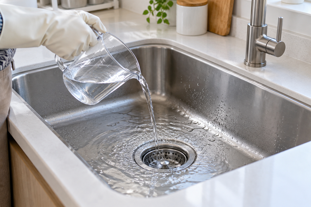 싱크대에 소량의 물을 천천히 부어 배수 상태를 확인하는 모습