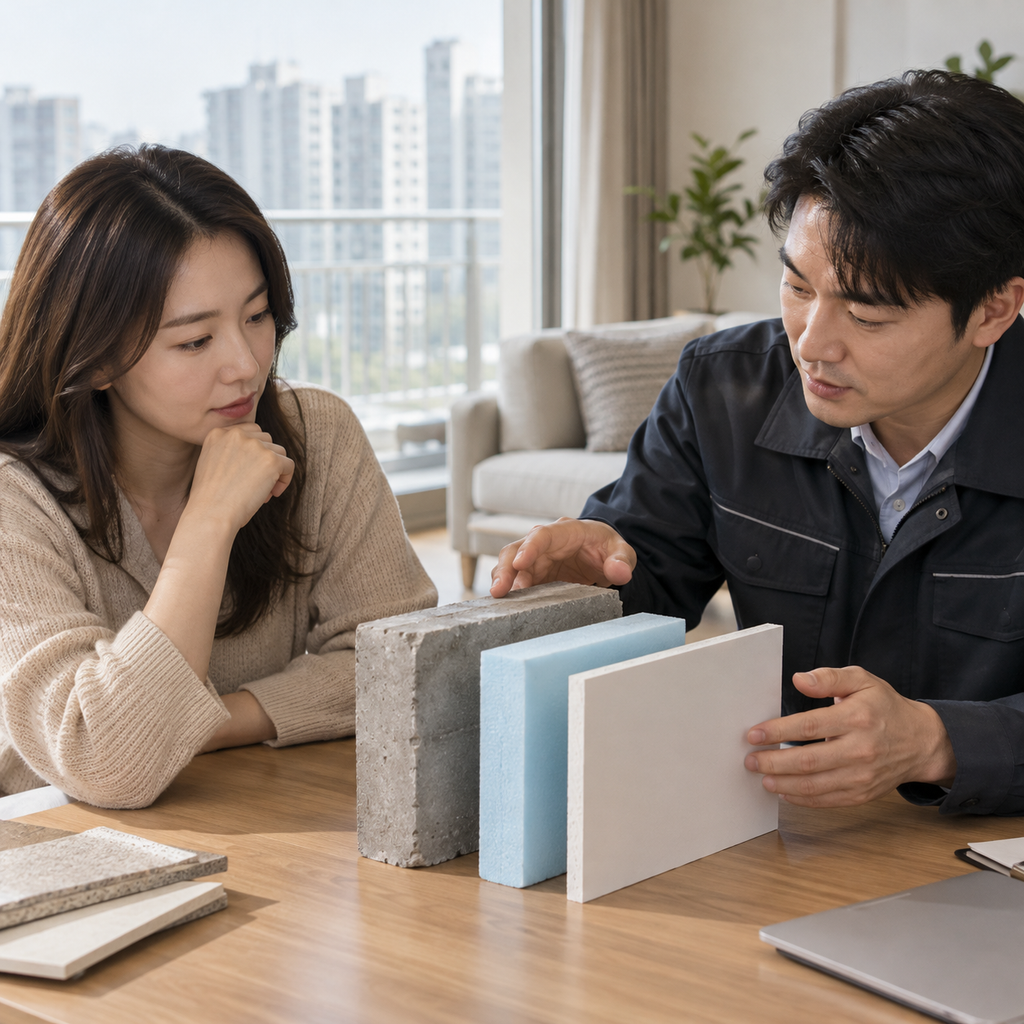 아파트 거주자와 전문가가 창호 주변과 벽·천장 접합부를 살펴보는 모습