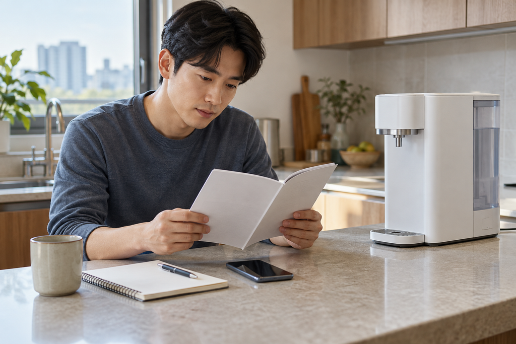주방 정수기 옆에서 사용 안내서를 읽는 사람