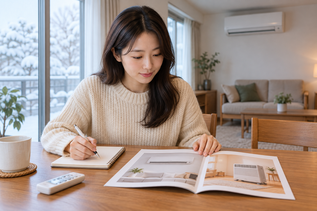 가정용 히트펌프 난방과 전기히터는 무엇이 다를까? 3 냉난방기가 있는 거실에서 난방 기기 안내 자료와 메모를 살펴보는 사람