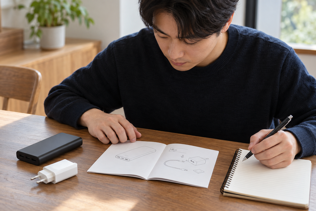 충전 전 보조배터리와 충전기의 사용 안내를 확인하는 사람